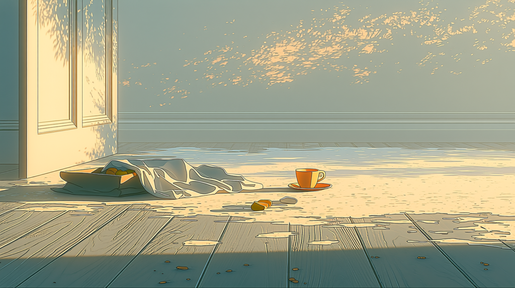 A traveller’s cloth bundle set down open by a door with a cup of tea beside it