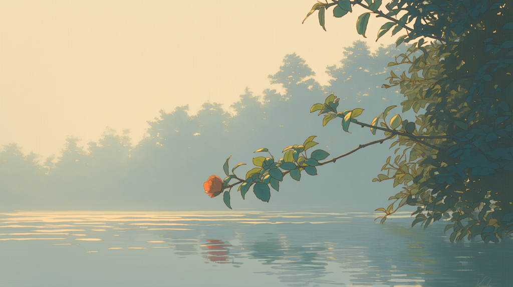 Aquarel van een wilgentak boven stil water met een rode camelia, ochtendmist op de achtergrond