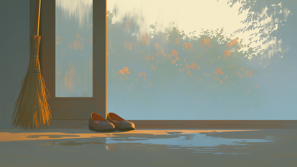 A pair of worn shoes placed neatly at a wooden doorstep, a straw broom leaning beside them in morning light