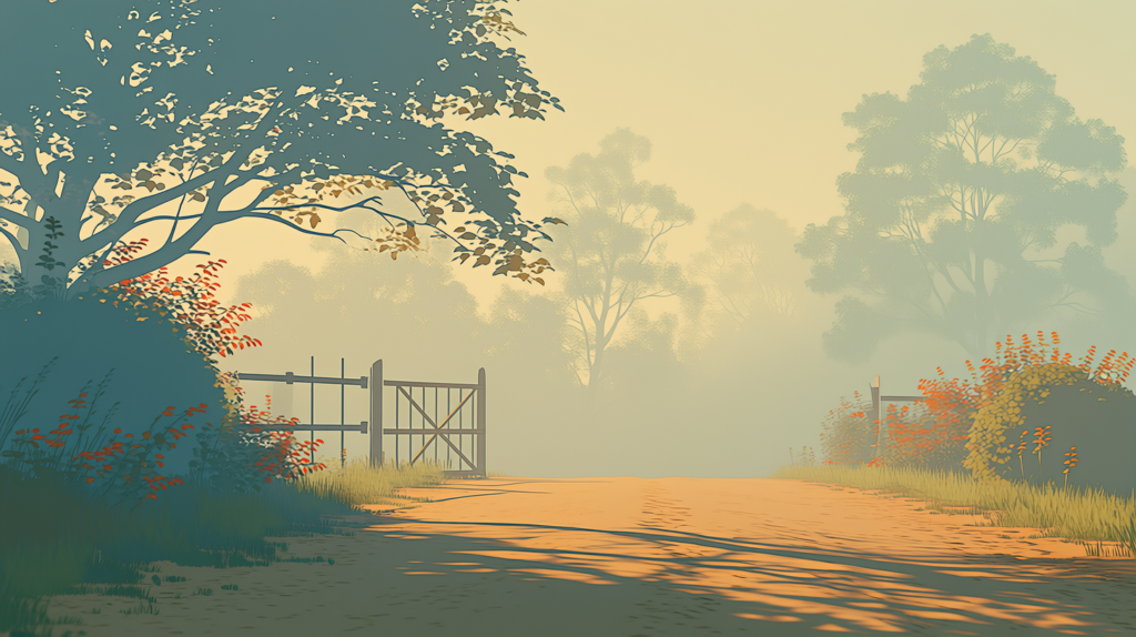 A plain earth road running past an old garden wall and disappearing into morning mist, a wooden gate ajar
