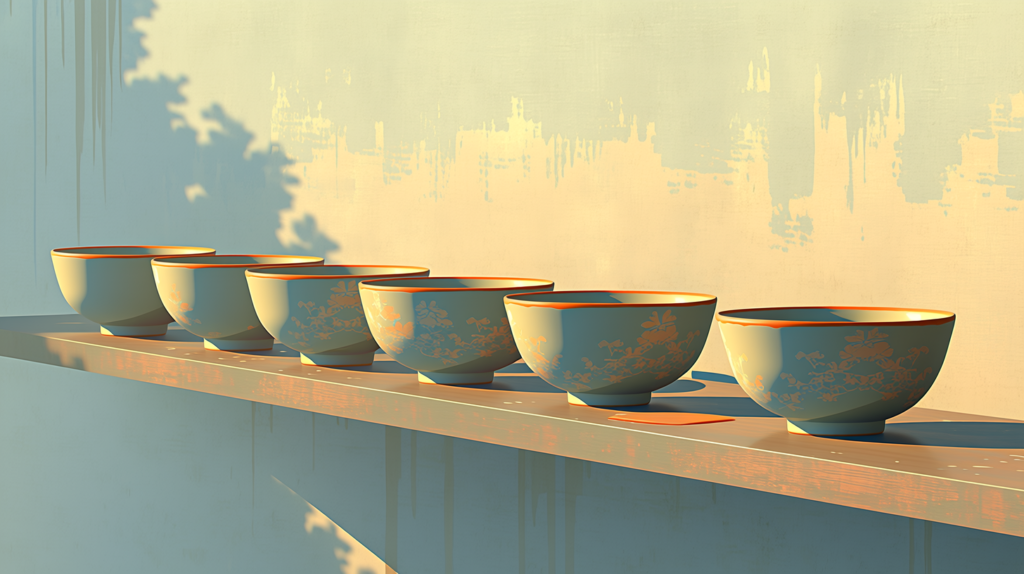 A row of old well used tea bowls with a faint painted motif on a wooden shelf, morning light
