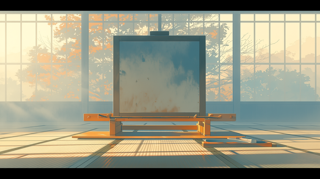 An empty mirror on a wooden stand in a bare tatami room, morning light through paper screens