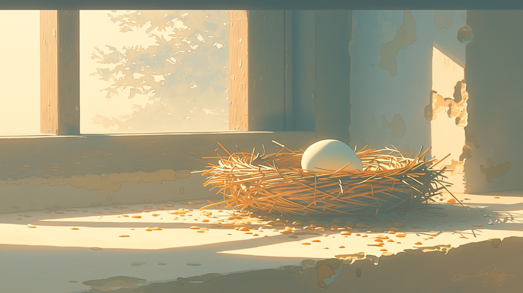 A single pale egg in a straw nest on a sunlit windowsill