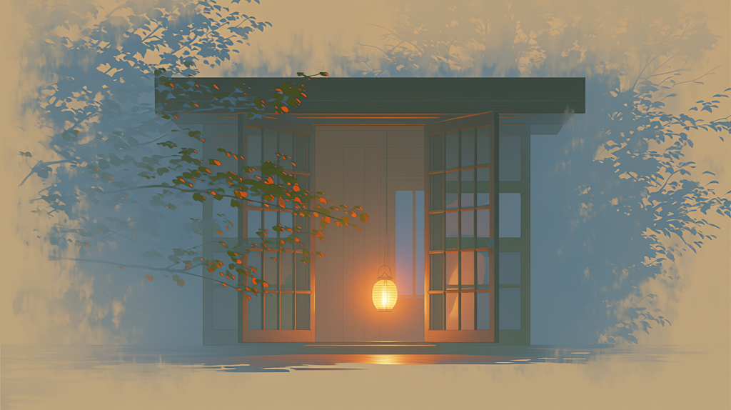 A paper lantern still lit inside an otherwise dark wooden house, seen from the garden in the mist