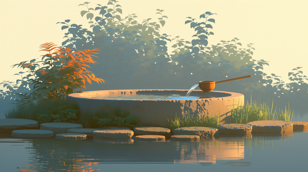 A low round stone water basin in a misty tea garden, with stepping stones and a bamboo pipe