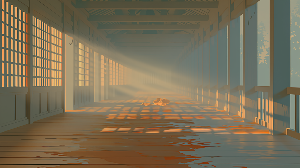 An empty wooden corridor with low sunlight falling across the floorboards