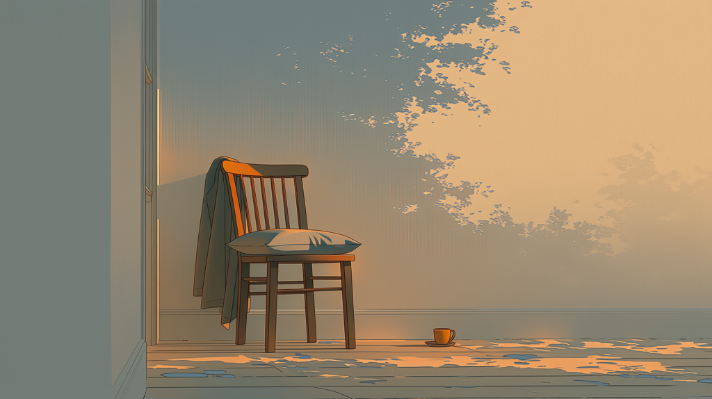 A coat left over the back of a wooden chair in a quiet hallway