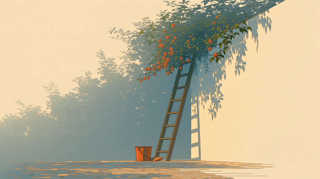 A wooden ladder leaning against a garden wall with a bucket at its foot