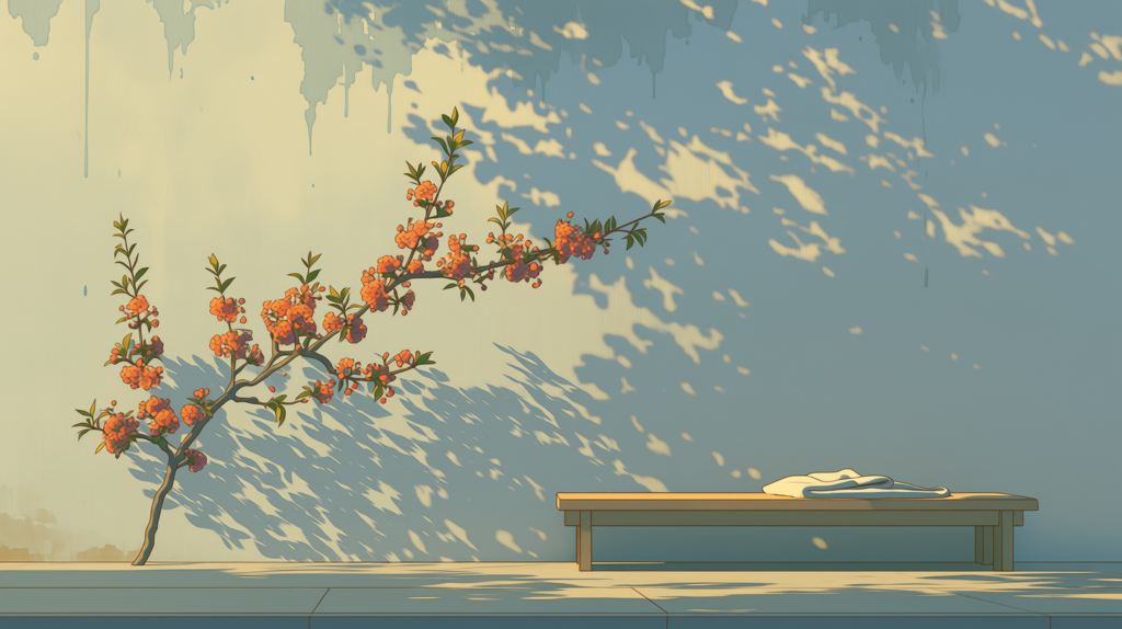 A flowering plum branch against a plain wall with a low bench below
