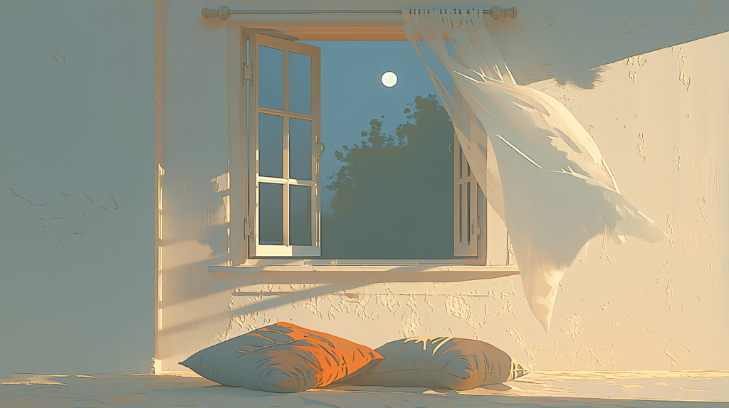 An open window at night with the moon outside and a curtain lifting in the wind