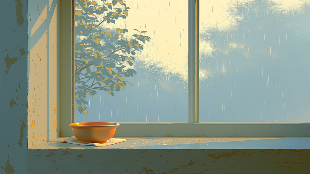 Rain running down an old window pane with a small bowl on the sill