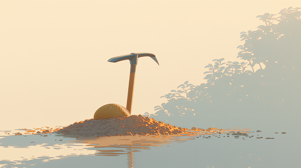 An old hoe standing upright in freshly turned earth with a straw hat resting against it