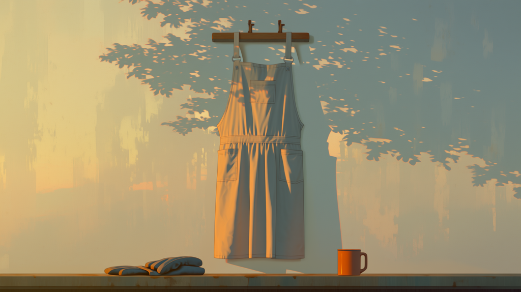 A linen work apron hanging on a wooden peg with gloves and a mug below