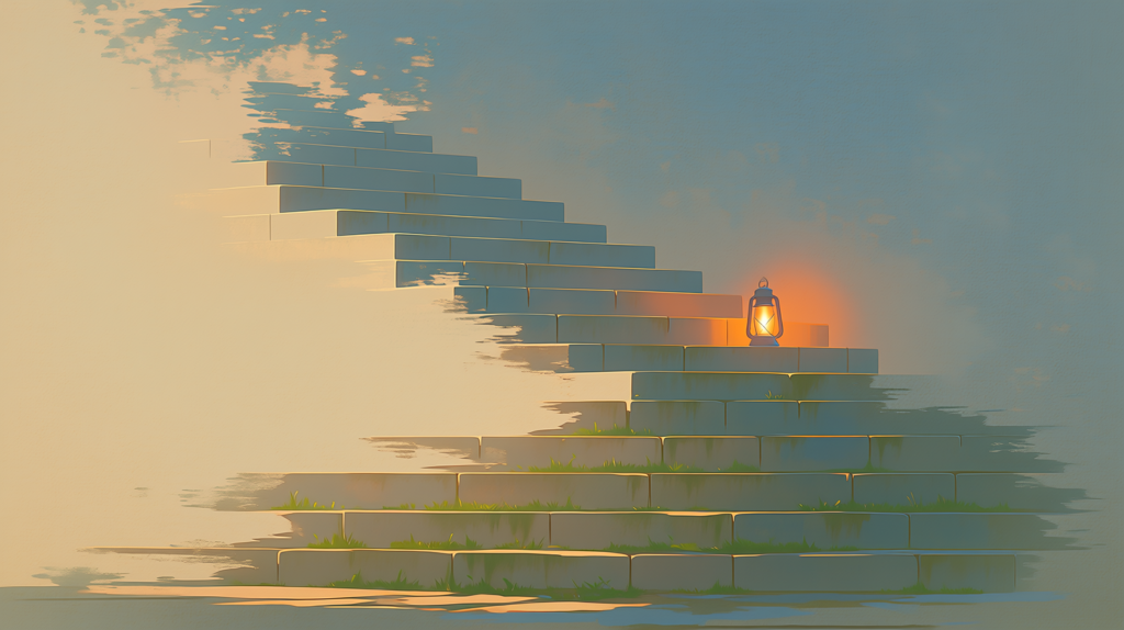 Worn stone steps climbing into darkness with a small lantern set down on the stone